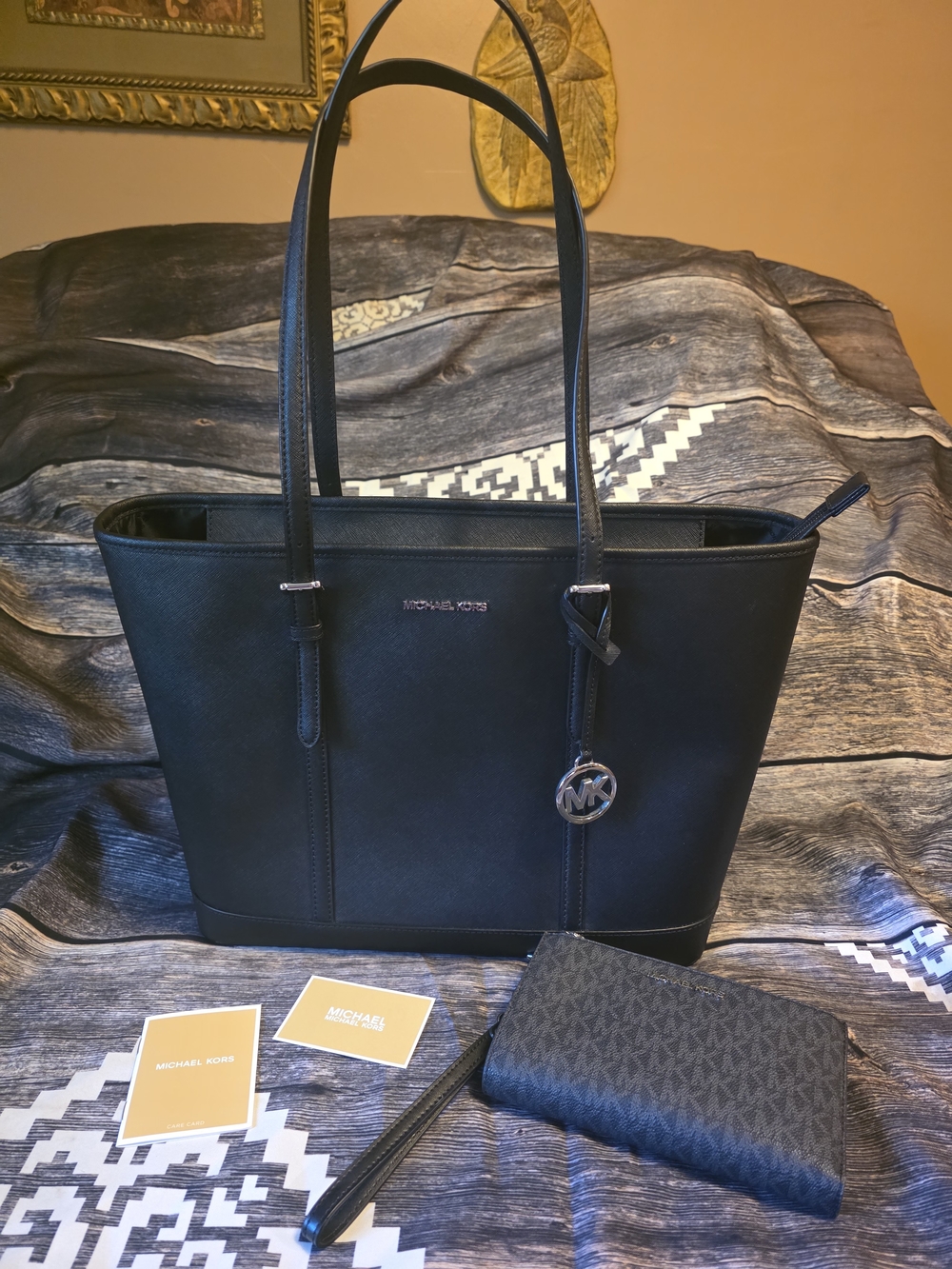 Michael Kors Black Saffiano Tote with MK Charm and Matching Wristlet